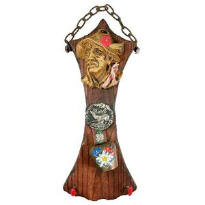 1970s Folk Art Key Rack – Alpine Bust, Buck Medallion, Bell, Rustic Wood